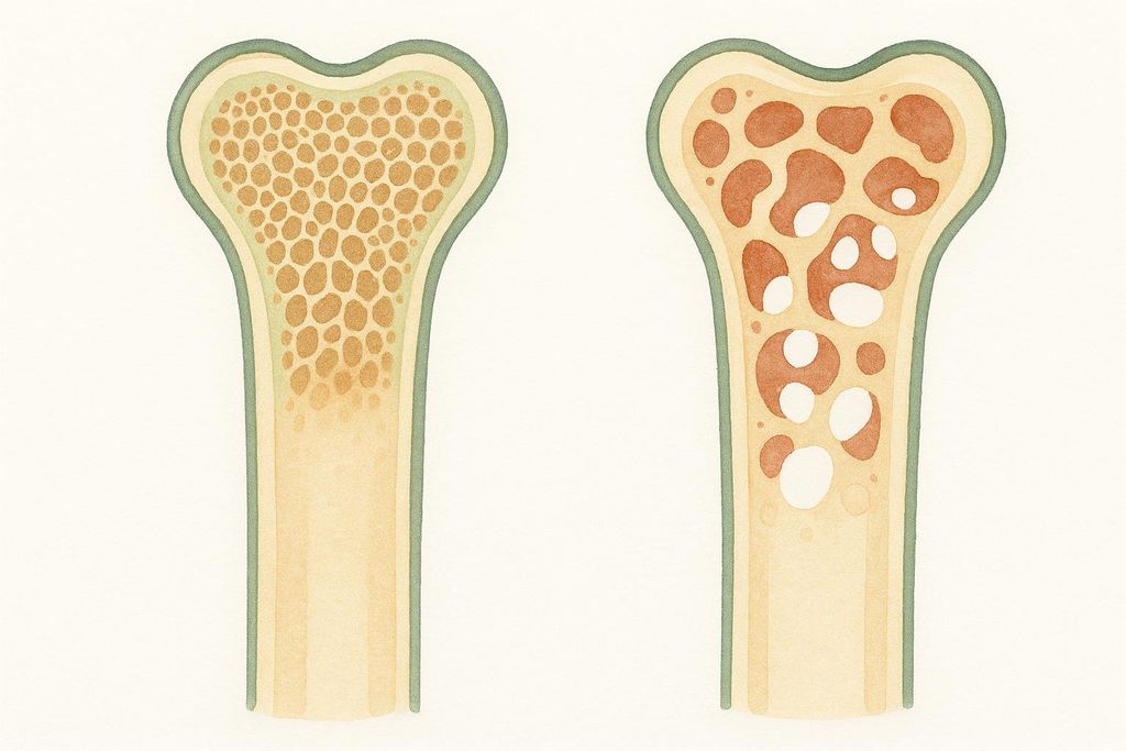An illustrative comparison of two bone cross-sections: one healthy bone with high density, and another osteoporotic bone showing low, porous density with large cavities. The healthy bone has a fine, dense honeycomb-like structure, while the osteoporotic bone has much larger, irregular holes.