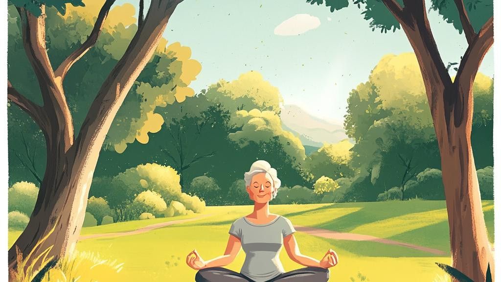 A senior woman with white hair meditates in a park with her eyes closed and legs crossed. Green trees and grass surround her.
