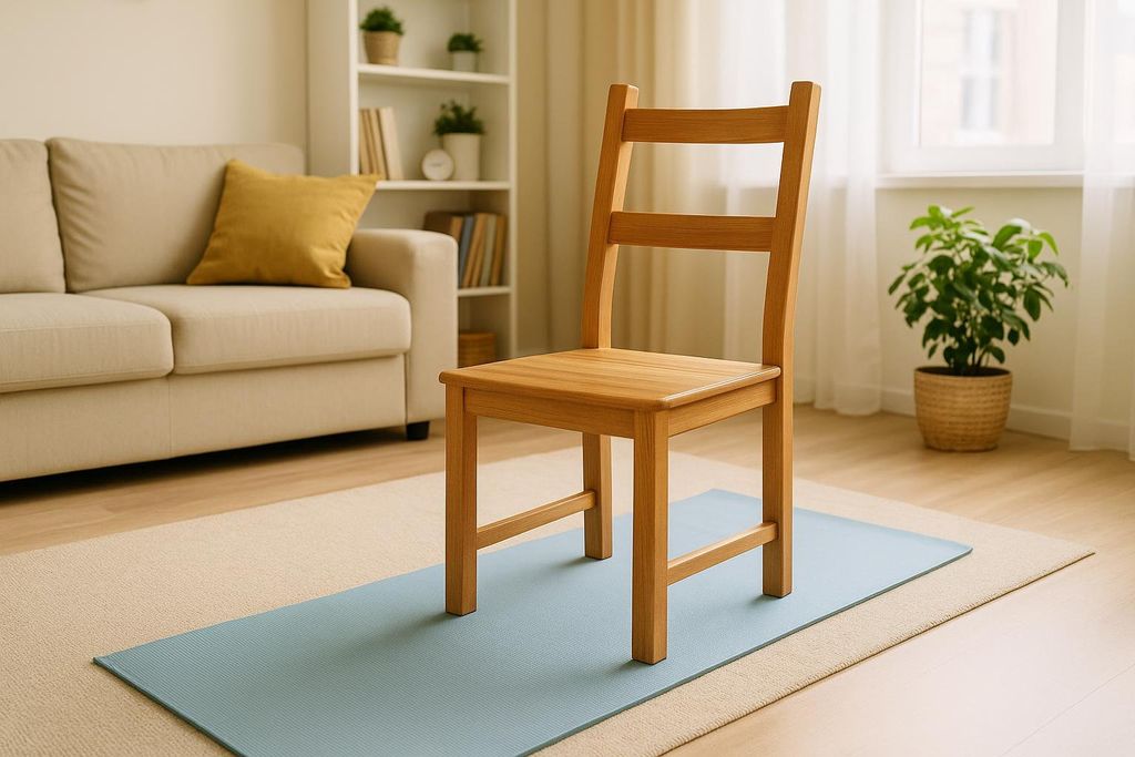 A sturdy light brown wooden chair stands on a light blue yoga mat in a bright, modern living room. A beige sofa is visible in the background to the left, and a potted plant by a window is on the right.