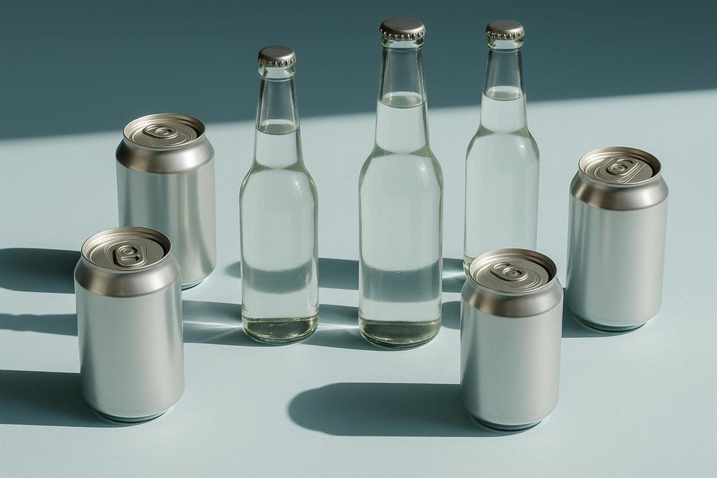Three unbranded silver aluminum cans and three clear glass bottles with silver caps, containing clear liquid, are arranged on a light blue surface. The items cast long shadows due to directional lighting.