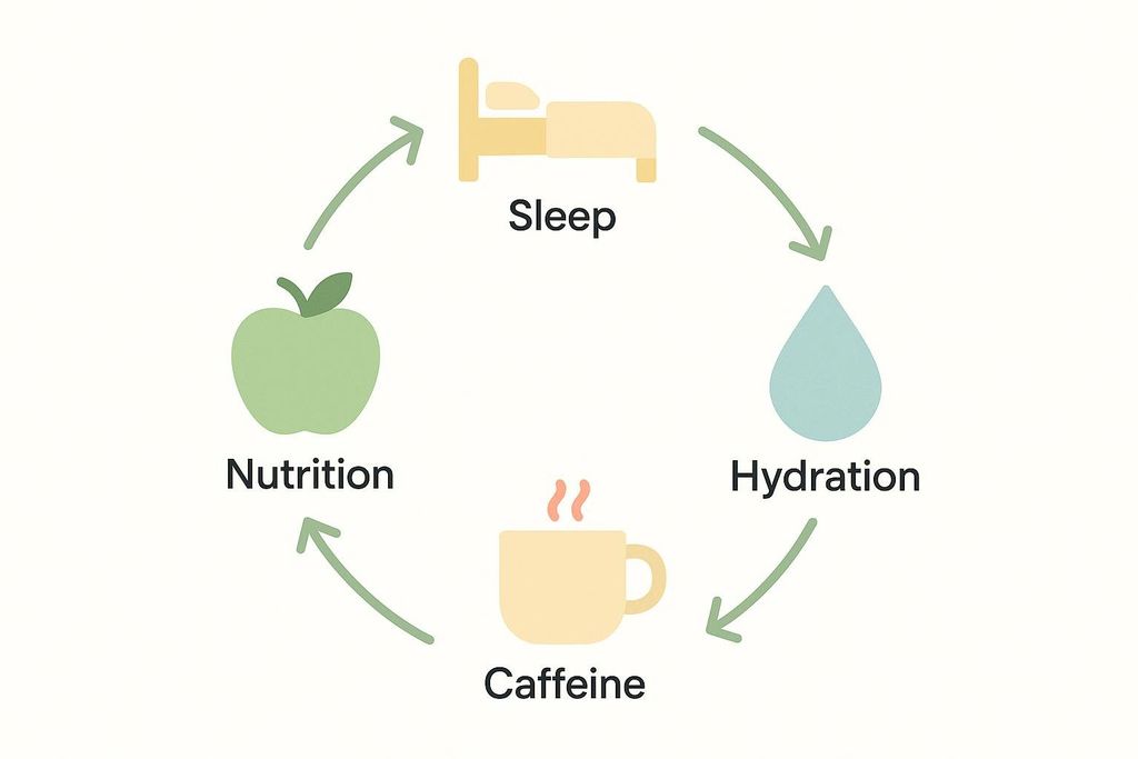 A circular diagram illustrating key recovery methods: sleep, hydration, caffeine, and nutrition, connected by arrows showing a continuous cycle.