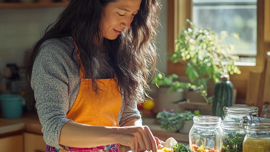 A woman wearing an orange apron stands in a kitchen, chopping vegetables. The sunlight streams in from a window, and there are plants and jars of food on the counter.