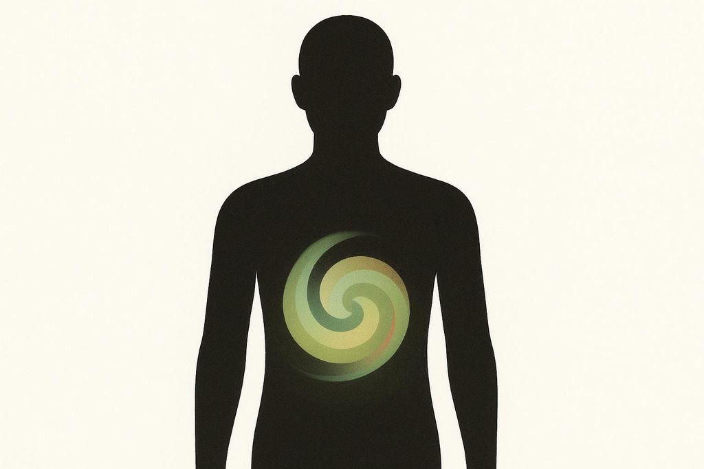 Abstract illustration of a person's silhouette with a gentle green and yellow swirl over their stomach, representing gastrointestinal side effects like nausea.