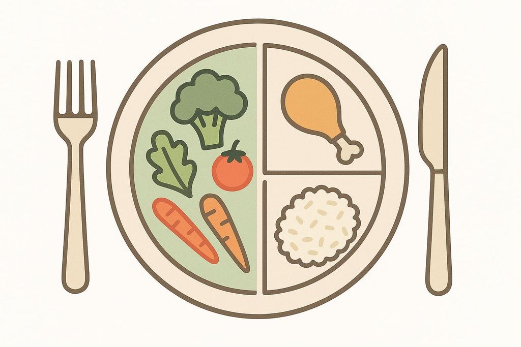 An illustration of the 'plate method' for healthy eating, showing a dinner plate divided into sections: half filled with vegetables (broccoli, lettuce, tomato, carrots), a quarter with protein (chicken drumstick), and a quarter with carbohydrates (rice). A fork is on the left and a knife on the right.
