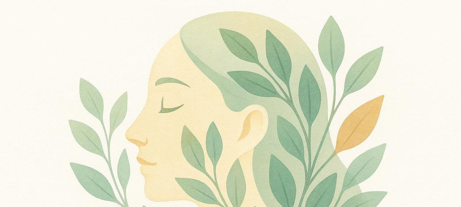 A stylized illustration of a peaceful face profile with closed eyes, surrounded and partially obscured by botanical leaves in varying shades of green and one golden leaf. The background is a soft, light cream.