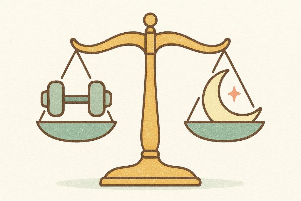 An illustration of a golden scale in balance, with a green dumbbell on the left pan and a yellow crescent moon with a pink star on the right pan, symbolizing the equal importance of training and rest.