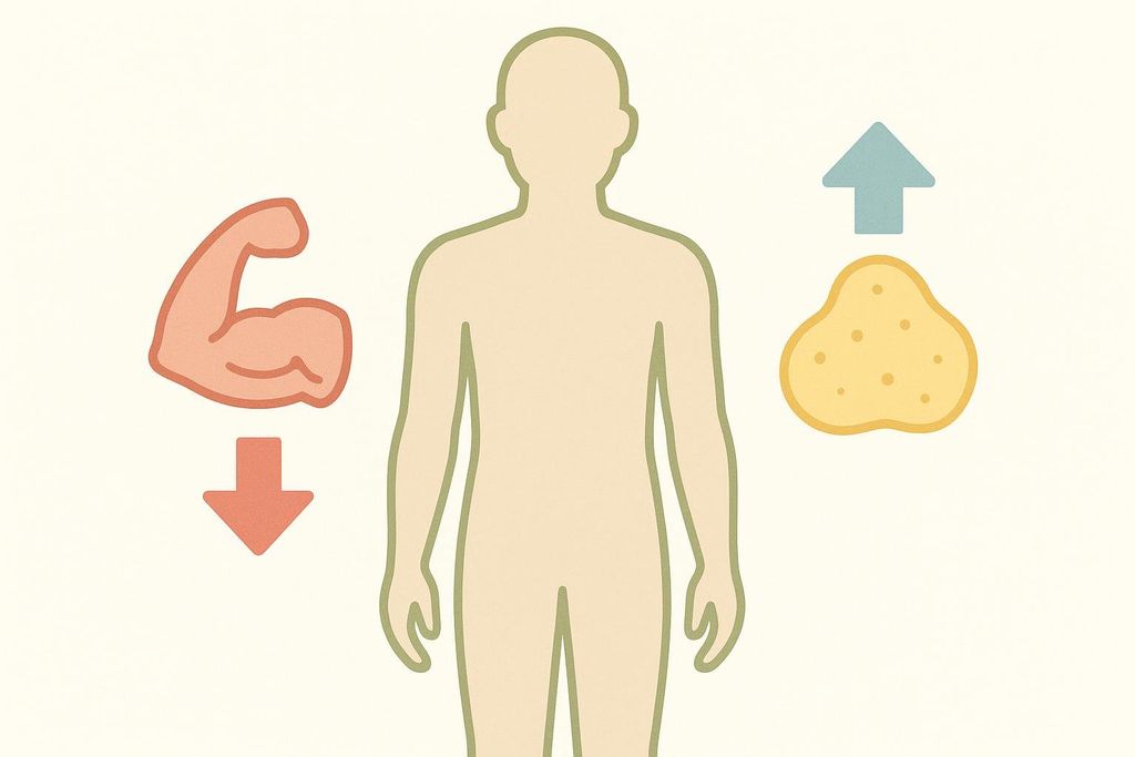 An infographic showing a decrease in muscle and an increase in fat, illustrating body composition changes for transgender women on HRT.