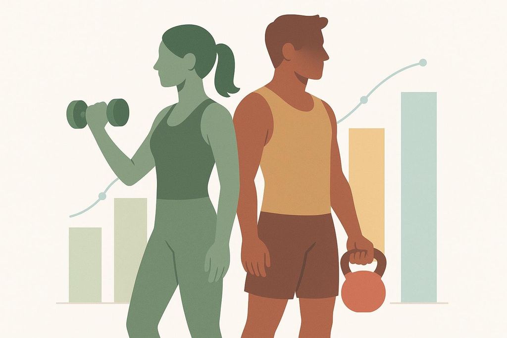 An illustration of a green-tinted female silhouette holding a dumbbell and a brown-tinted male silhouette holding a kettlebell, positioned back-to-back. Behind them are rising bar graphs and an upward-trending line graph, suggesting progress or data analysis in fitness.