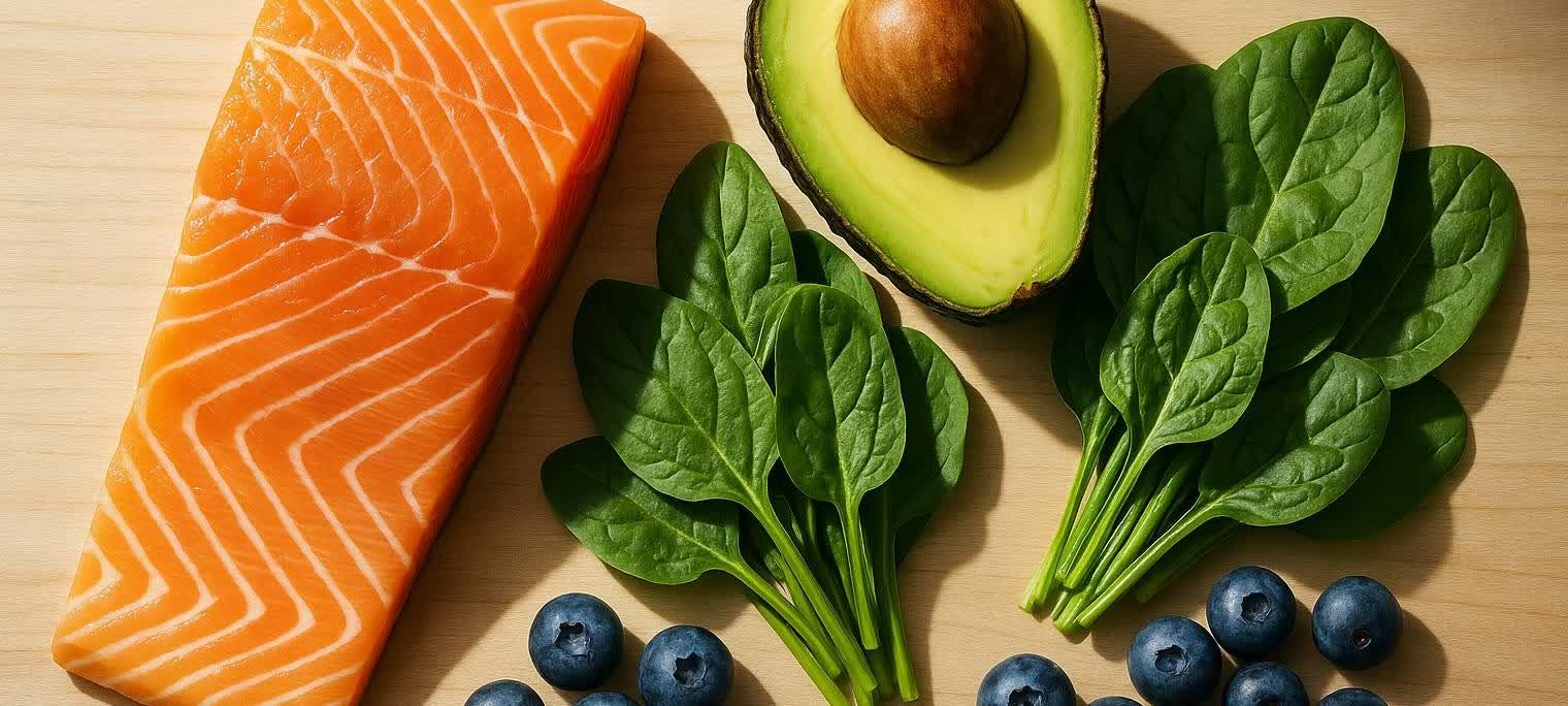 An overhead shot of several bunches of spinach next to a salmon fillet, a halved avocado, and several blueberries on a wooden surface.