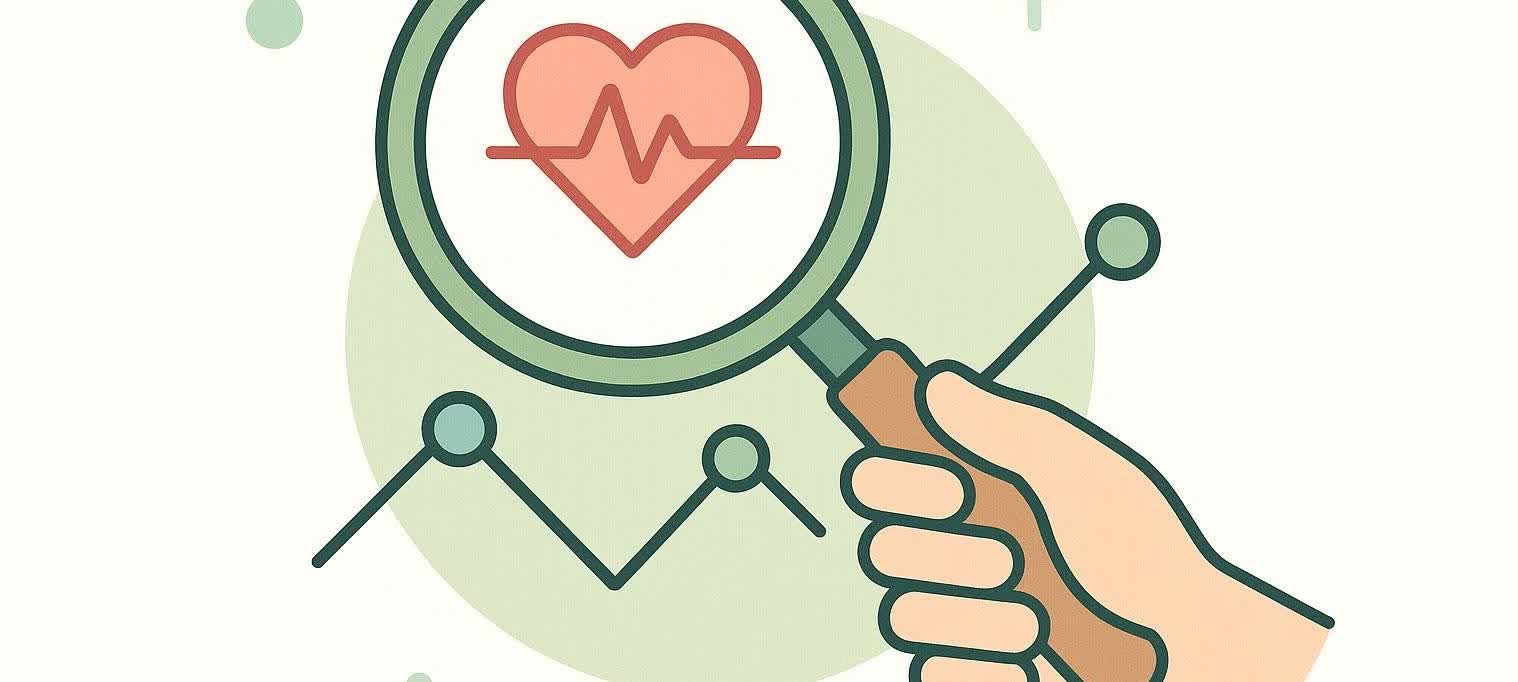 Illustration showing a hand holding a magnifying glass over a line graph with a heart and heartbeat symbol, representing analyzing medical data.