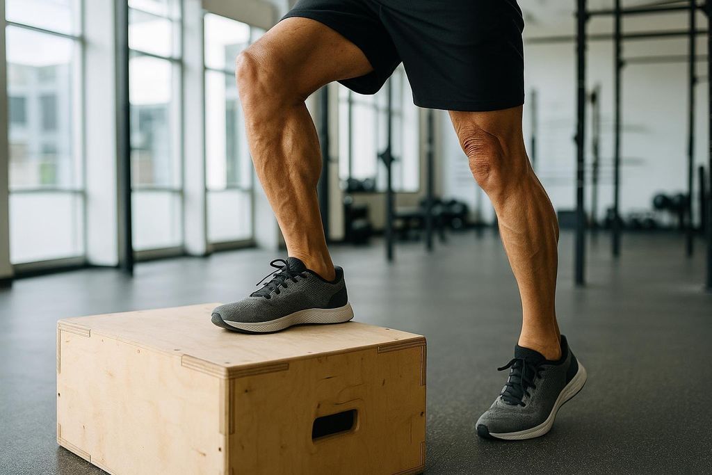Close-up of an older adult's powerful legs during a box step exercise in a gym. One foot is on a wooden box, while the other is still on the floor, showcasing strong leg muscles.