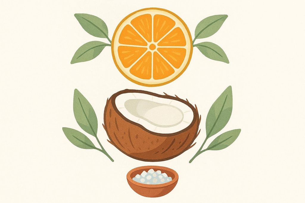 An illustration in a flat lay style showing a sliced orange at the top, a cracked coconut in the middle, and a small bowl of salt at the bottom, all separated by green leaves.