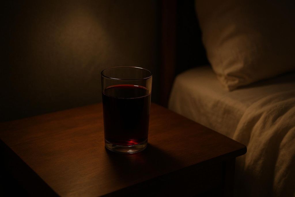 A glass of dark red tart cherry juice rests on a wooden nightstand in a dimly lit bedroom, with a bed visible in the soft background. The image evokes a sense of calm and may suggest a sleep aid.