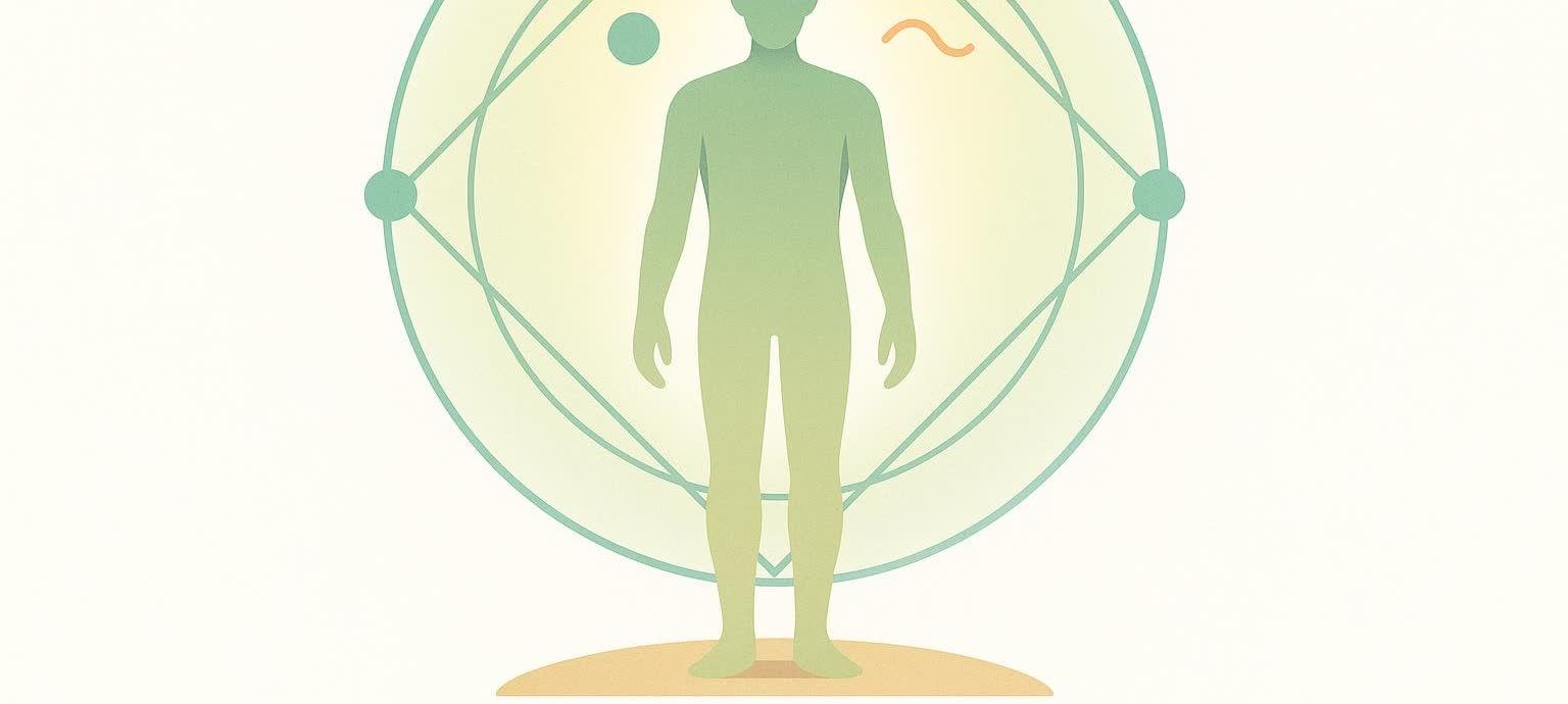 An abstract illustration of a human silhouette centered within a geometric circle, featuring intersecting lines and small circles, against a light background.
