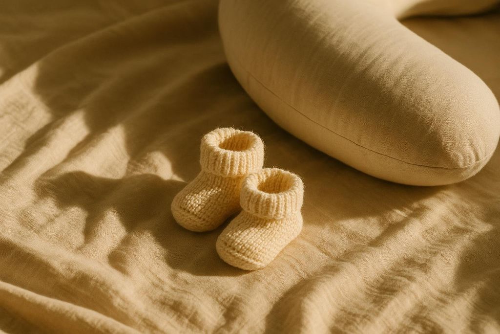 A pair of cream-colored knitted baby booties sit on a crumpled, light brown sheet next to a matching, C-shaped maternity pillow, with soft shadows and warm light.
