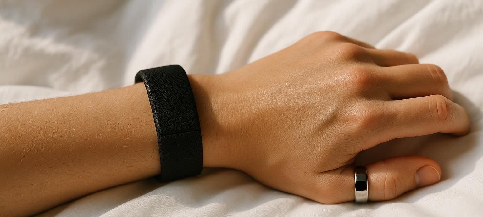 Close-up of a person's wrist and hand, showing a black fitness strap on the wrist and a silver smart ring on one finger. The hand rests on white bedsheets.