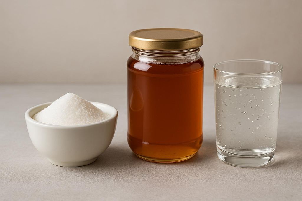 A white bowl filled with white granulated sugar, a glass jar of amber honey with a gold lid, and a clear glass of transparent liquid, possibly simple syrup, are arranged side by side on a light gray surface.