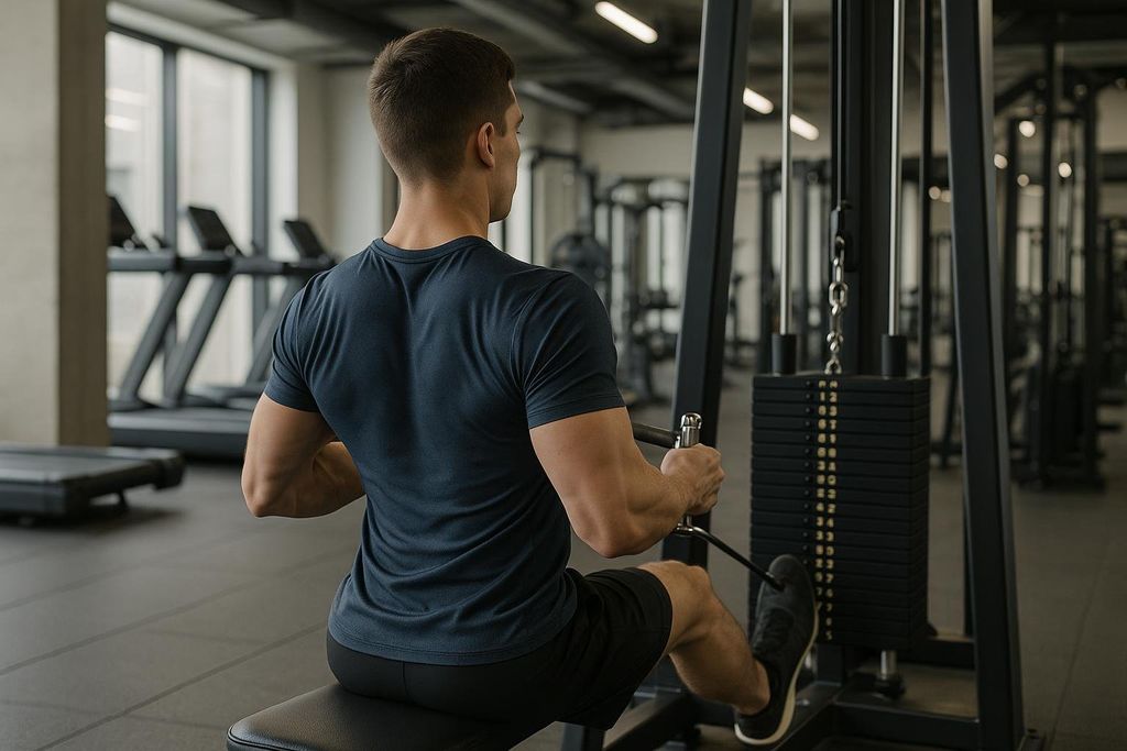 A man from the back performing a seated cable row exercise at the gym. He is seated on the machine, pulling the handle towards his torso, which shows the engagement of his back and arm muscles. In the background, other gym equipment and large windows are visible.