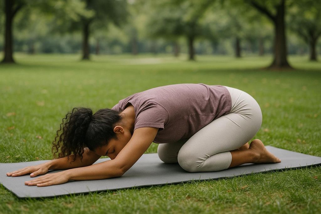 A woman performs the child's pose on a yoga mat in a grassy park.