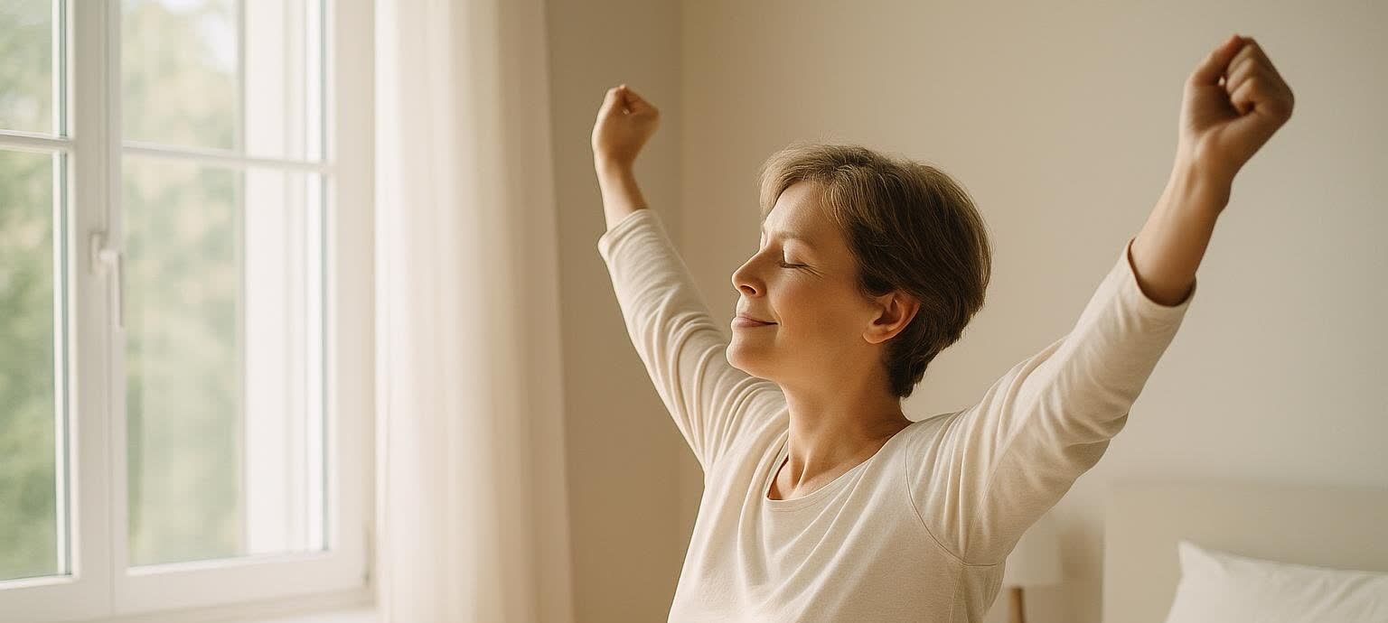 A person stretches by a bright window in the morning, looking refreshed and well-rested after a good night's sleep.