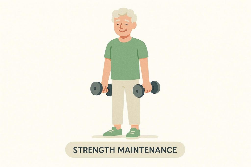 Illustration of an older adult holding dumbbells, performing a farmer's carry for strength maintenance. The text 'STRENGTH MAINTENANCE' appears at the bottom.
