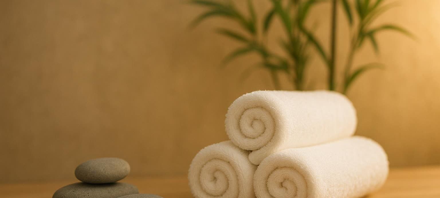 Serene spa setting with towels and massage stones.