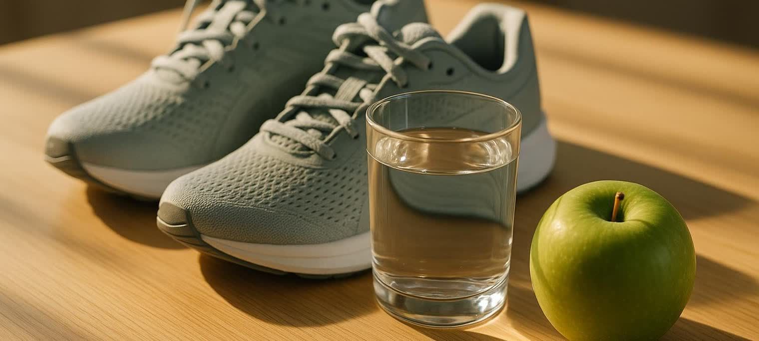 A pair of light gray running shoes, a glass of water, and a green apple are neatly arranged on a wooden table, highlighted by natural sunlight.