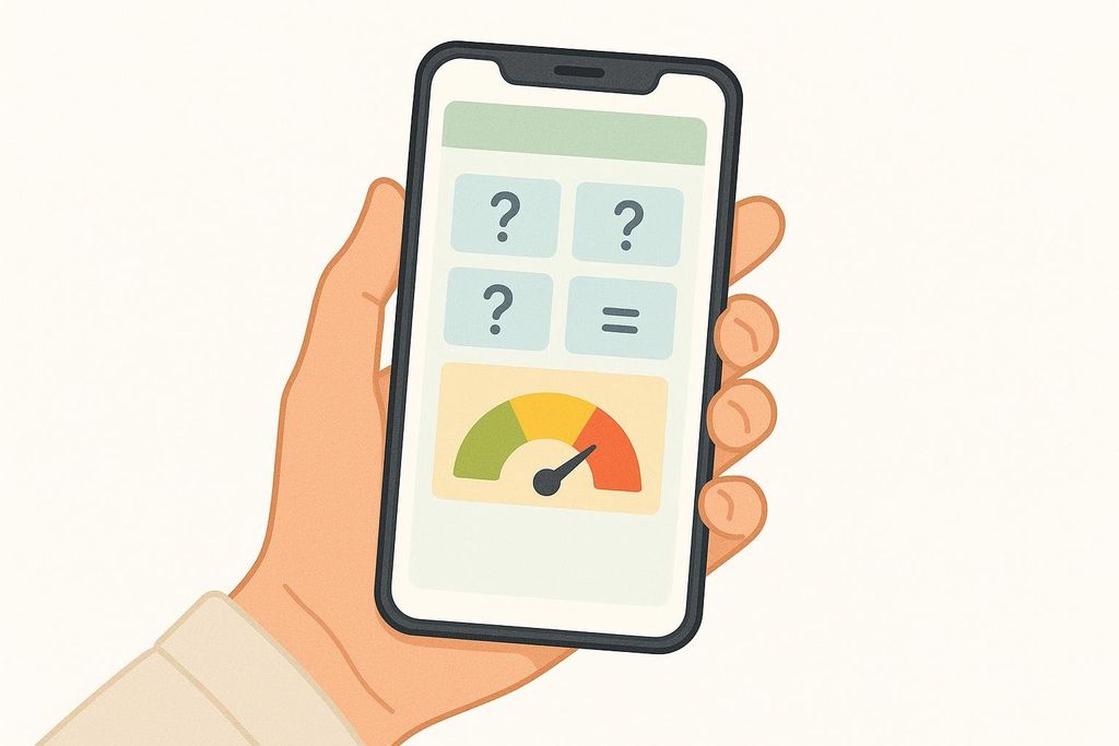 An illustration of a smartphone screen showing the FRAX tool concept: inputting risk factors to get a 10-year fracture risk estimate. The phone displays question marks for input, an equals sign, and a gauge with a needle indicating a high-risk (red) result.