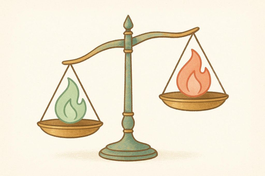 An illustration of a balancing scale with a small green flame icon on the left and a larger red flame icon on the right, symbolizing different levels of calorie expenditure.