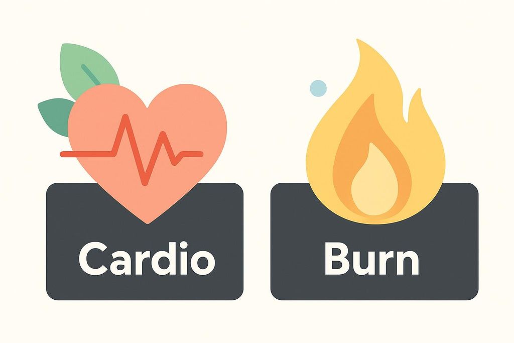 Two health icons. On the left, a peach heart with a red heartbeat line and green leaves represents cardio. On the right, a yellow and orange flame represents calorie burning.