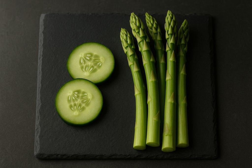 Several bright green asparagus spears and two round cucumber slices arranged neatly on a dark gray slate board with a dark background.