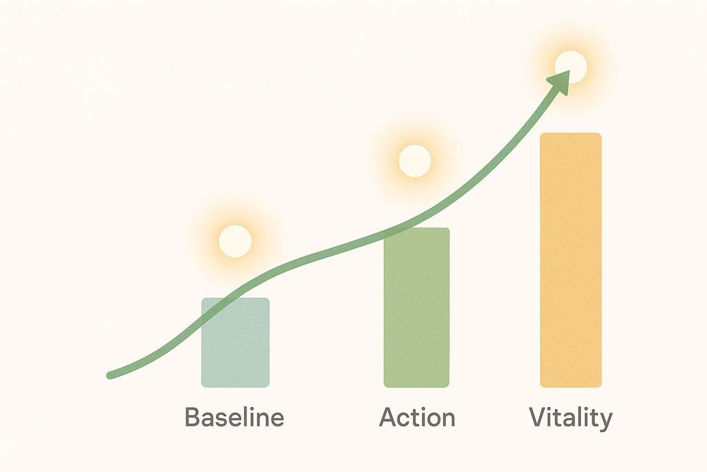 Upward trending graph tracking progress from Baseline to Action to Vitality