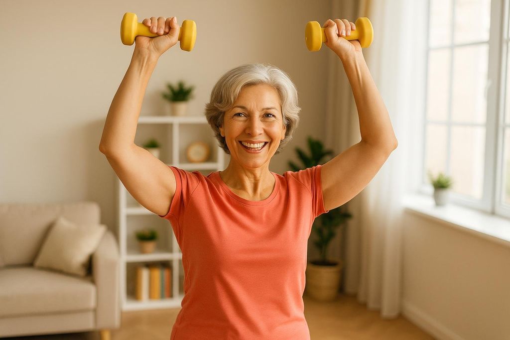 A smiling senior woman with grey hair, wearing a coral t-shirt, exercising at home with two yellow dumbbells lifted above her head. She is looking directly at the camera with a joyful expression, in a brightly lit room with a window and typical home furnishings in the background.