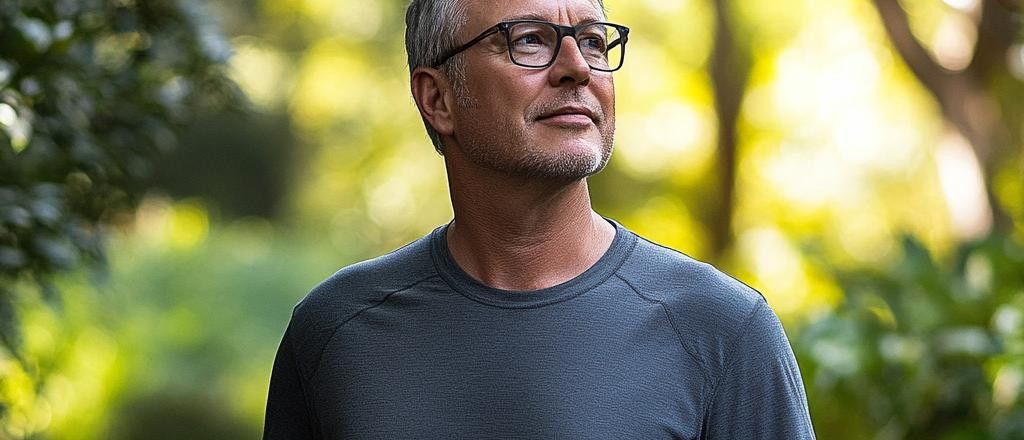 A close-up shot of a middle-aged man with gray hair and glasses looking up and to the left, with a blurry green background.