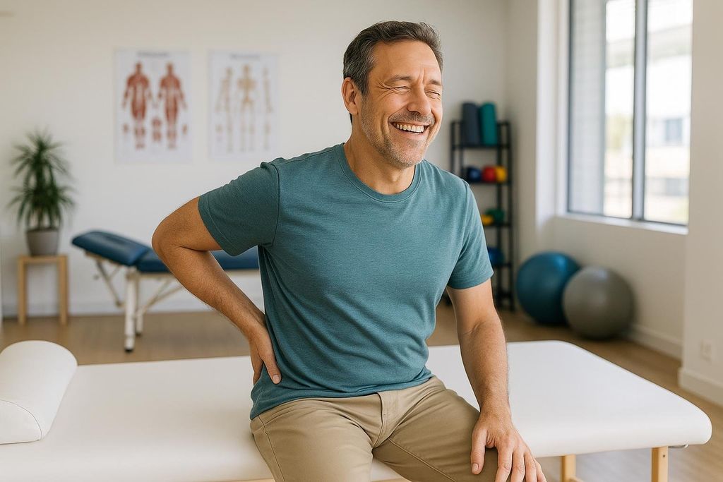 A man in a teal t-shirt and khaki pants is sitting on an examination table in a clinic, smiling broadly with his eyes closed, while touching his lower back as if experiencing pain. Anatomical charts are visible in the background.