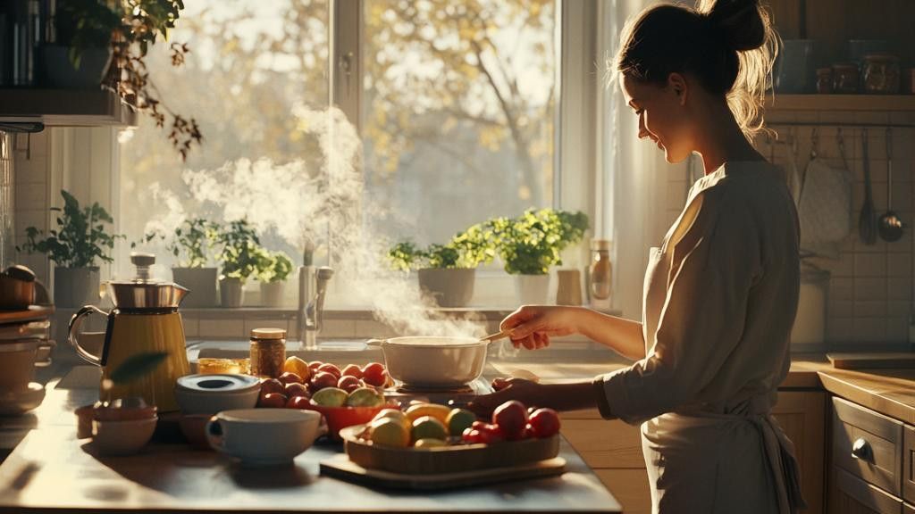 A woman cooks in a bright kitchen with steam rising from a pot. Fresh fruit and a coffee pot are on the counter.