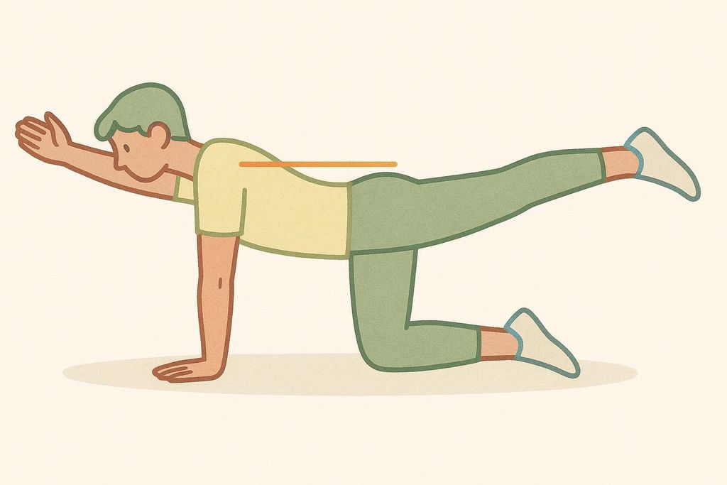Illustration of a person performing the bird-dog exercise, showing a straight back and extended arm and leg to demonstrate core engagement and balance.