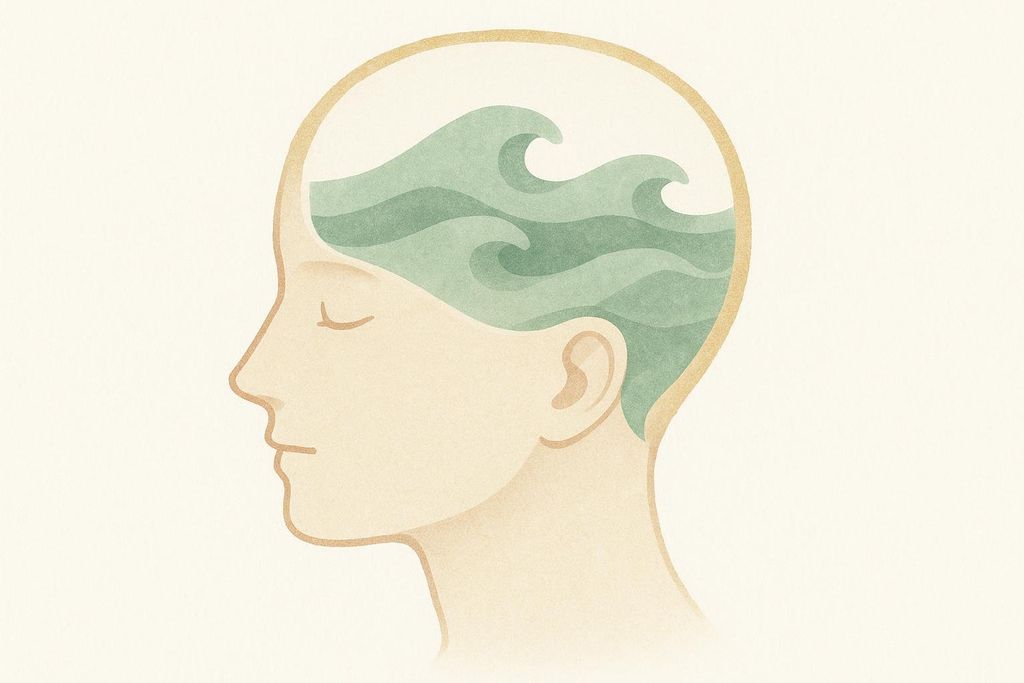 An illustration of a head in profile with calm green waves inside, symbolizing a tranquil mind and the benefits of meditation or stress reduction.