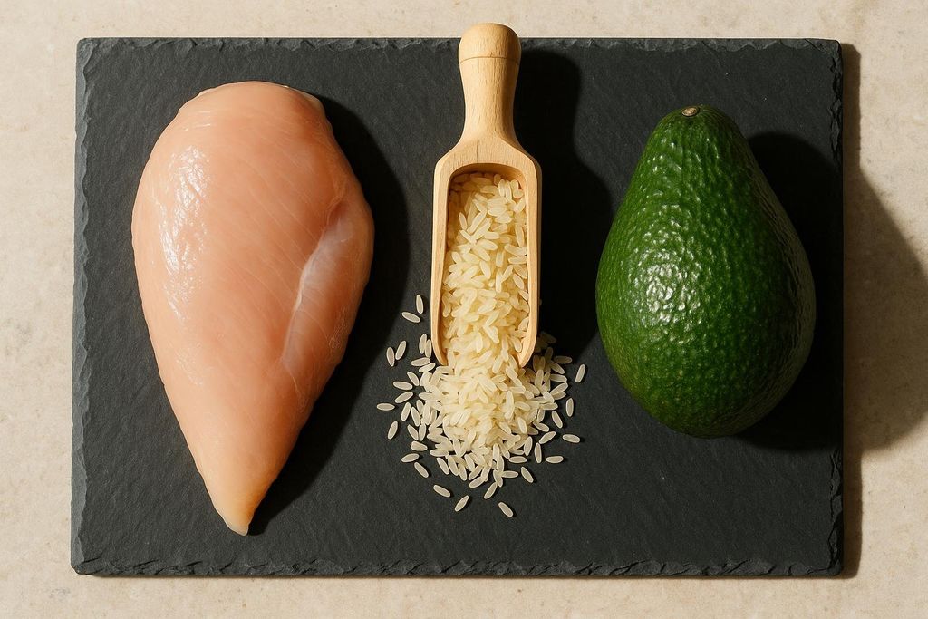 A raw chicken breast, a wooden scoop overflowing with white rice, and a green avocado, laid out in a row on a dark slate surface, representing protein, carbohydrates, and healthy fats.