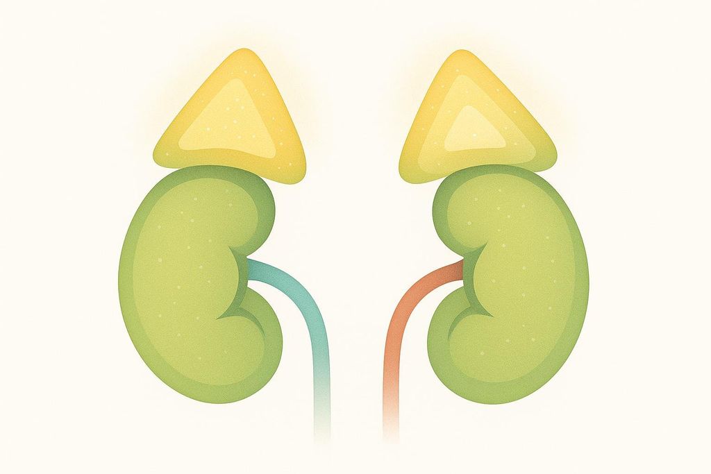 An abstract illustration depicting two kidneys, shown in green, with triangular yellow adrenal glands resting on top of each. Blue and red tubes extend from the kidneys on a light background.