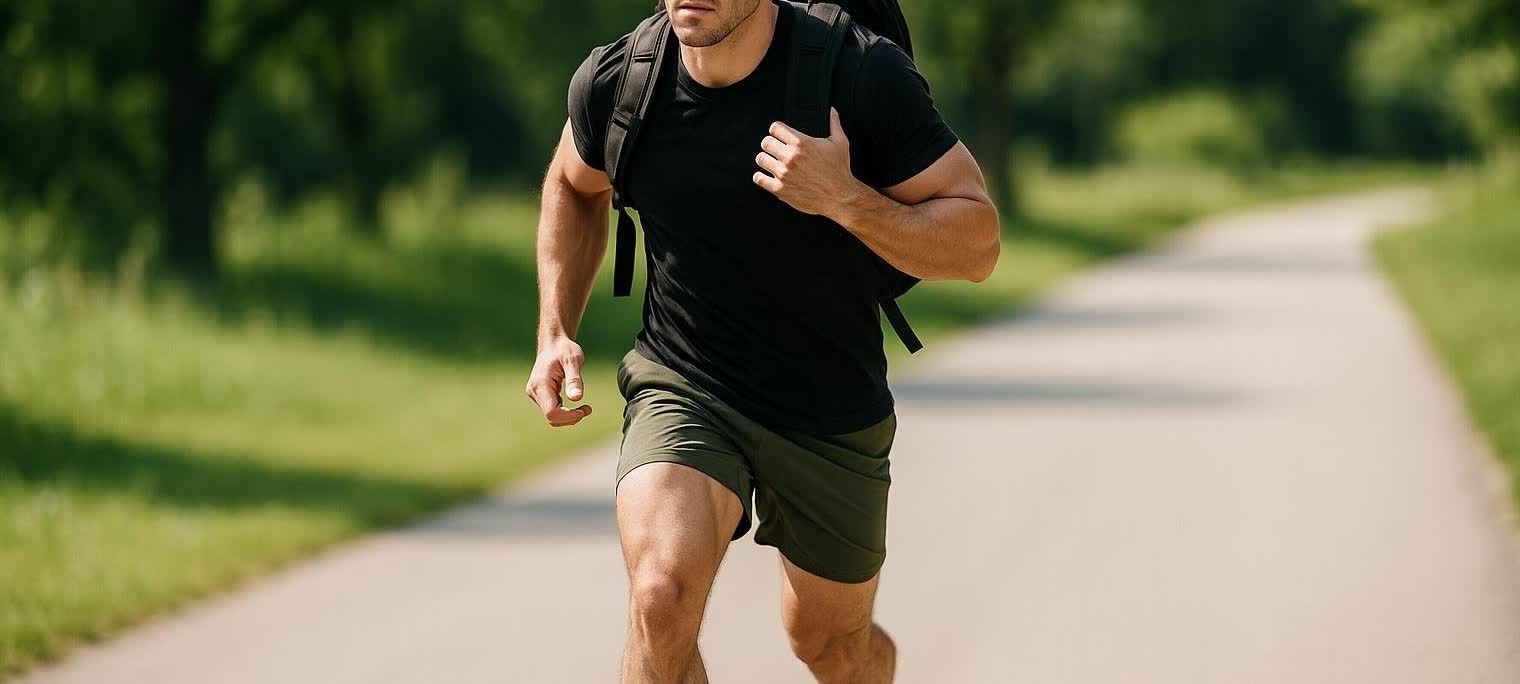 A person wearing a black t-shirt and olive green shorts rucks with a black backpack on a paved path in a park.