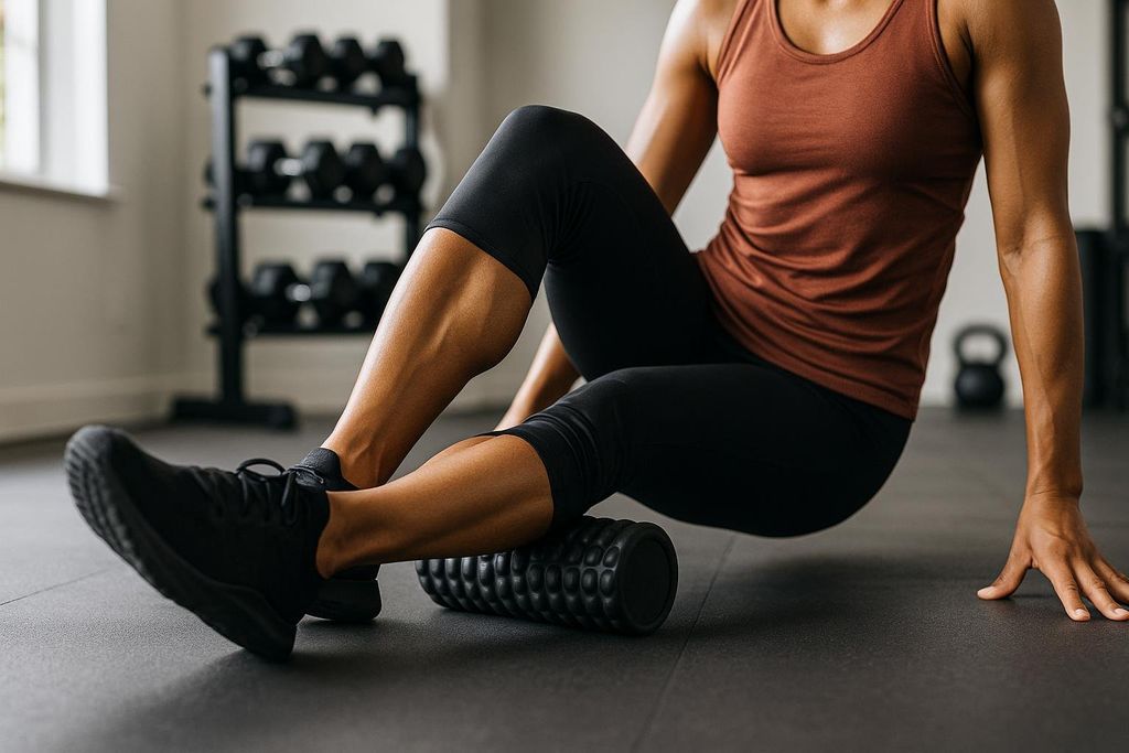 A woman in a rust-colored tank top and black capris uses a black foam roller on her calves on a grey gym floor. Dumbbells and a kettlebell are visible in the background.