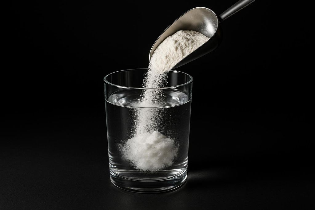 White whey protein powder pouring from a metal scoop into a clear glass of water, against a dark background.
