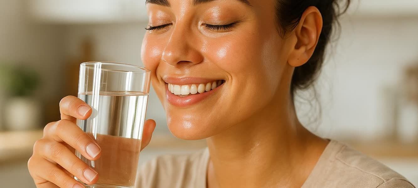 A person with fresh, healthy skin drinking water in a bright kitchen, symbolizing hydration and health.