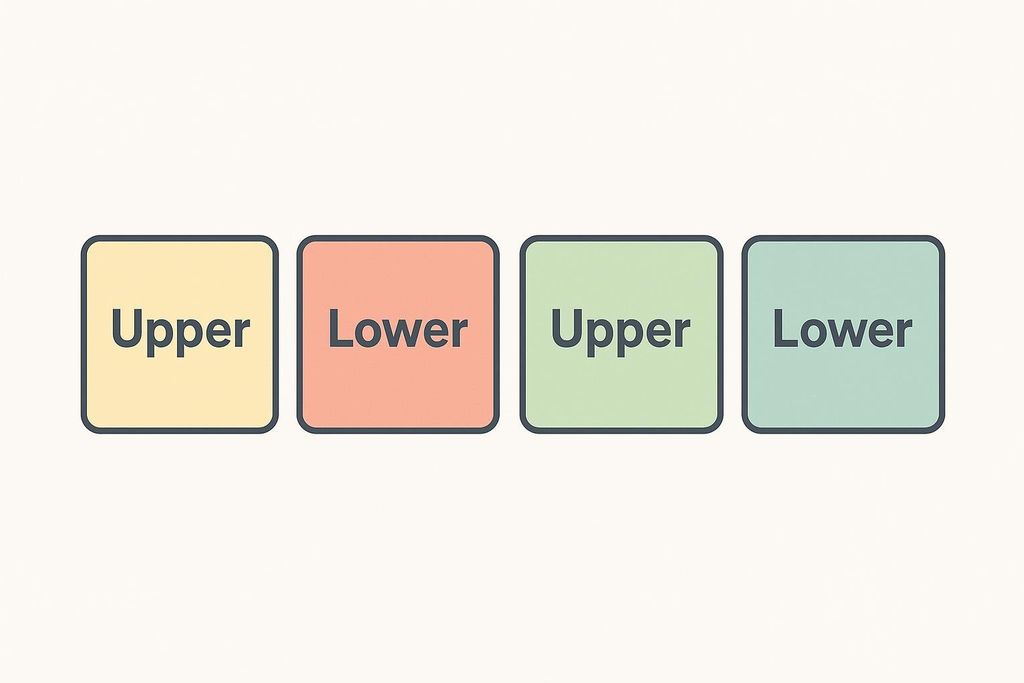 Four square blocks in a row. From left to right, they are labeled 'Upper' (yellow), 'Lower' (orange), 'Upper' (green), and 'Lower' (blue-green).