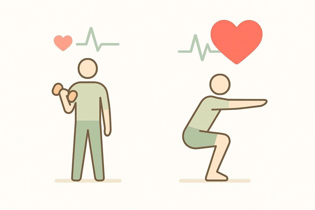 Illustration comparing the low metabolic demand of an isolation exercise (person doing bicep curl with small heart icon and low heart rate waveform) to the high metabolic demand of a compound exercise like a squat (person squatting with large heart icon and high heart rate waveform).