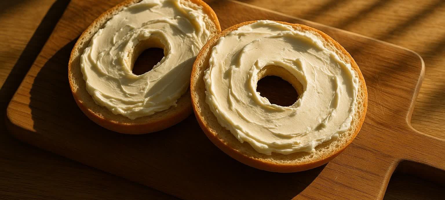 Two halves of a bagel, each generously spread with cream cheese, resting on a wooden cutting board. Sunlight casts shadows across the board.