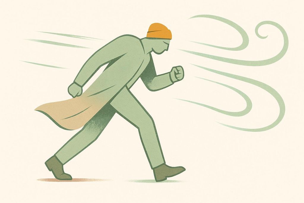 An illustration of a person wearing a coat and a beanie, hunched over and walking forward as strong gusting wind blows against them from the right. The wind is depicted by light green streaky lines.