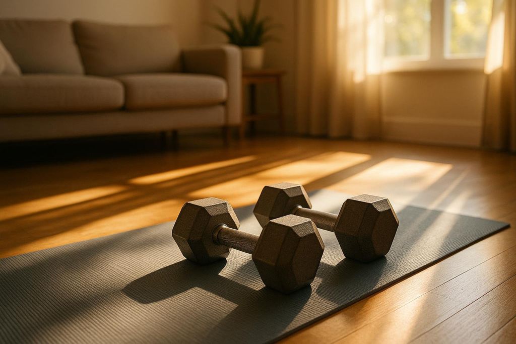 Two dumbbells rest on a grey yoga mat in a sunlit room, with bright sunlight streaming in through a window and illuminating parts of the wooden floor. A beige couch and a small side table with a plant are visible in the soft-focus background.