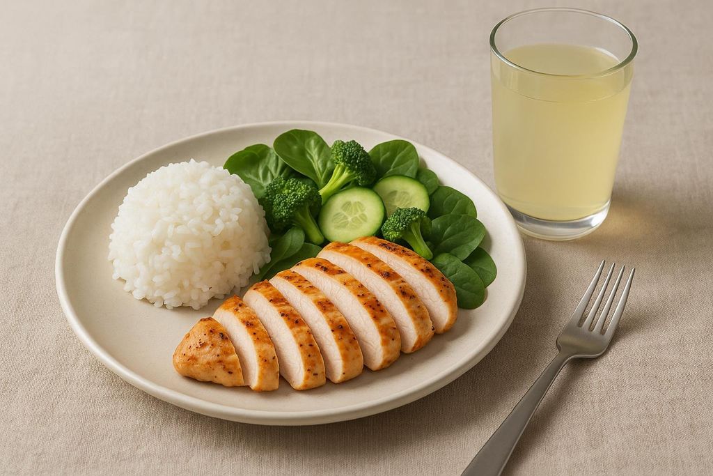 A plate of grilled chicken with sliced pieces, a mound of white rice, fresh spinach leaves, broccoli florets, and cucumber slices. A glass of light yellow liquid is next to the plate, and a fork rests on the tablecloth.